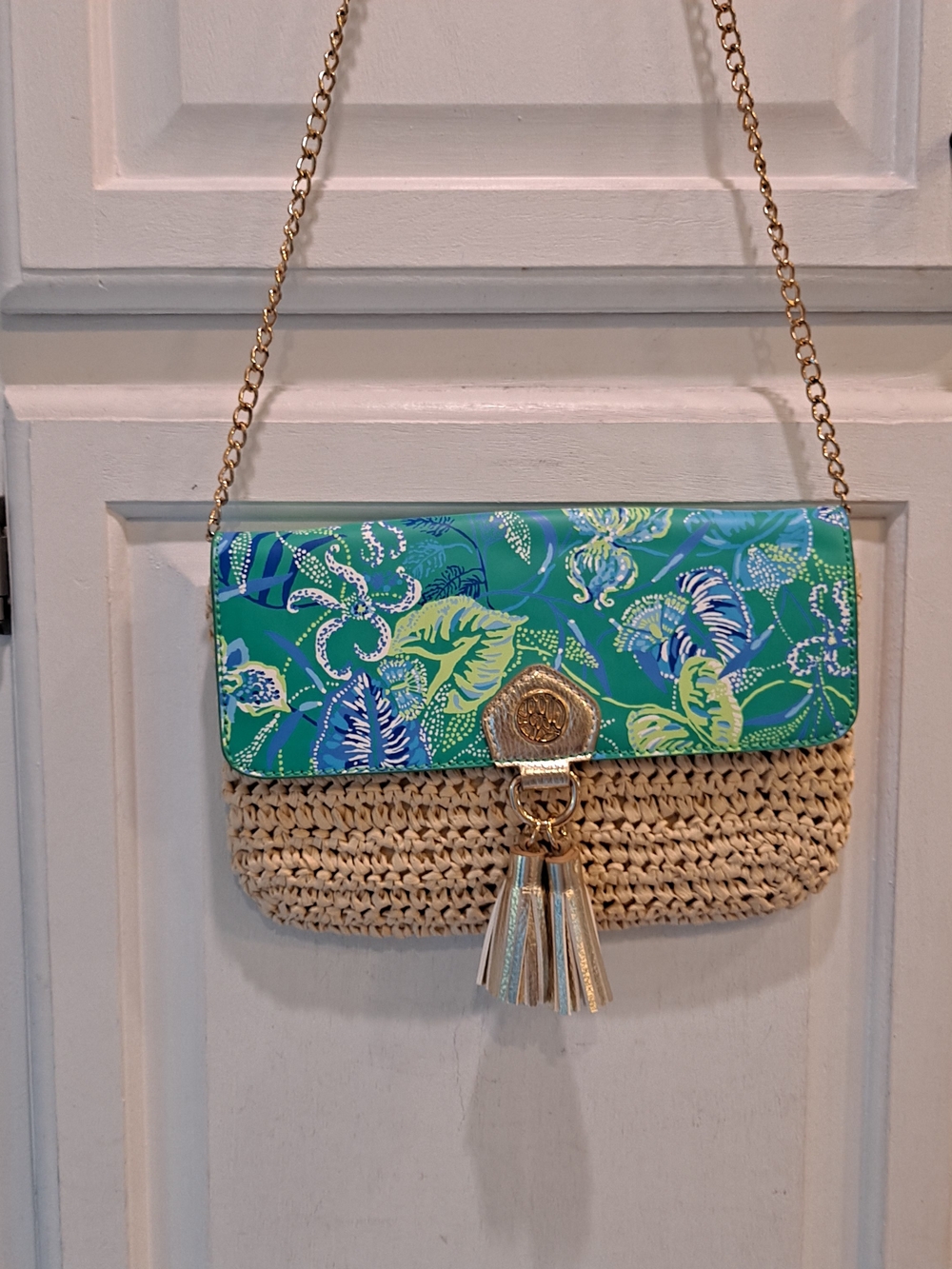 Lilly Pulitzer Botanical Green 'In A Flutter' Woven Straw Gold Trim Tassels